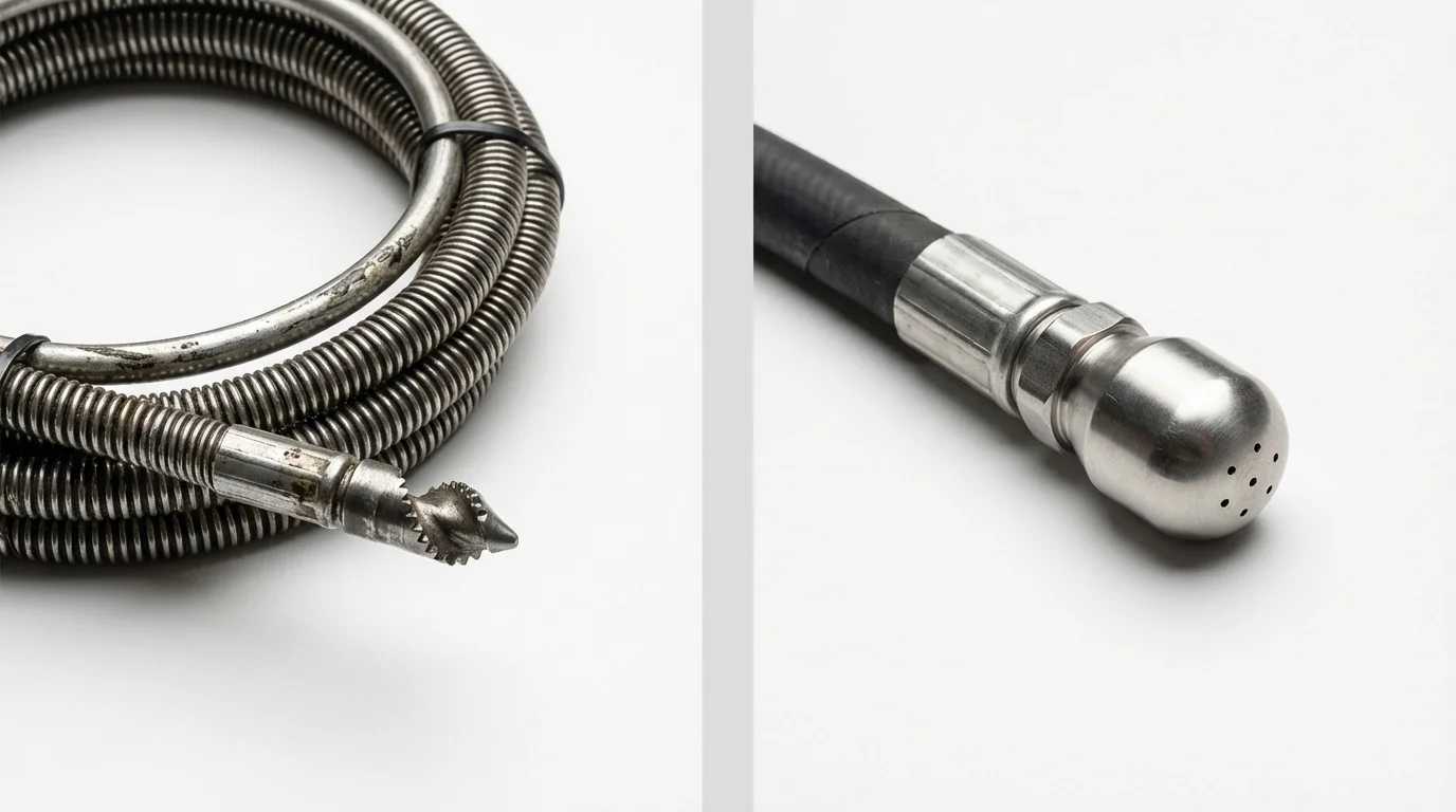 Drain snake cable and hydro jetting nozzle used for drain cleaning in Logan, OH