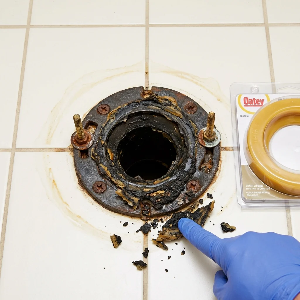 Failed wax ring showing water seepage at the base of a toilet in a Logan, OH home