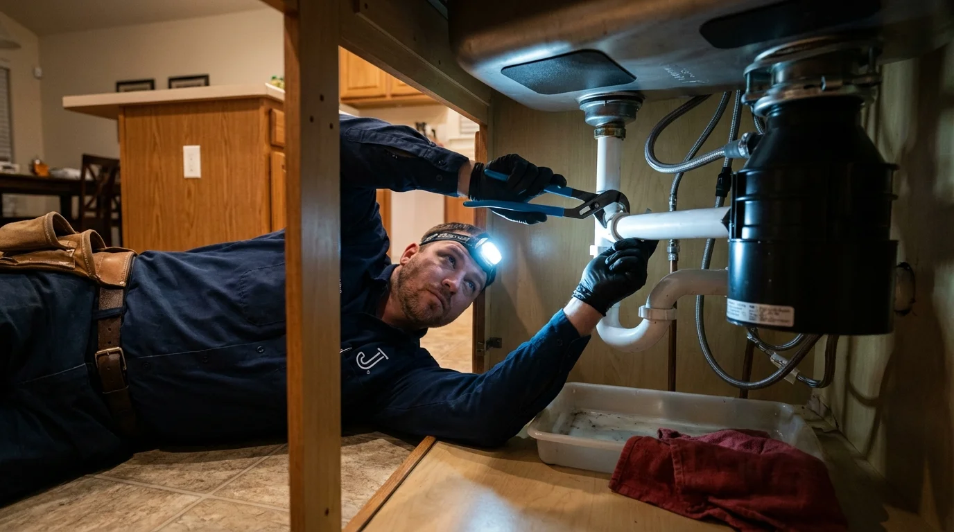 P-trap and supply line connections under a kitchen sink showing a common leak point in Logan, OH